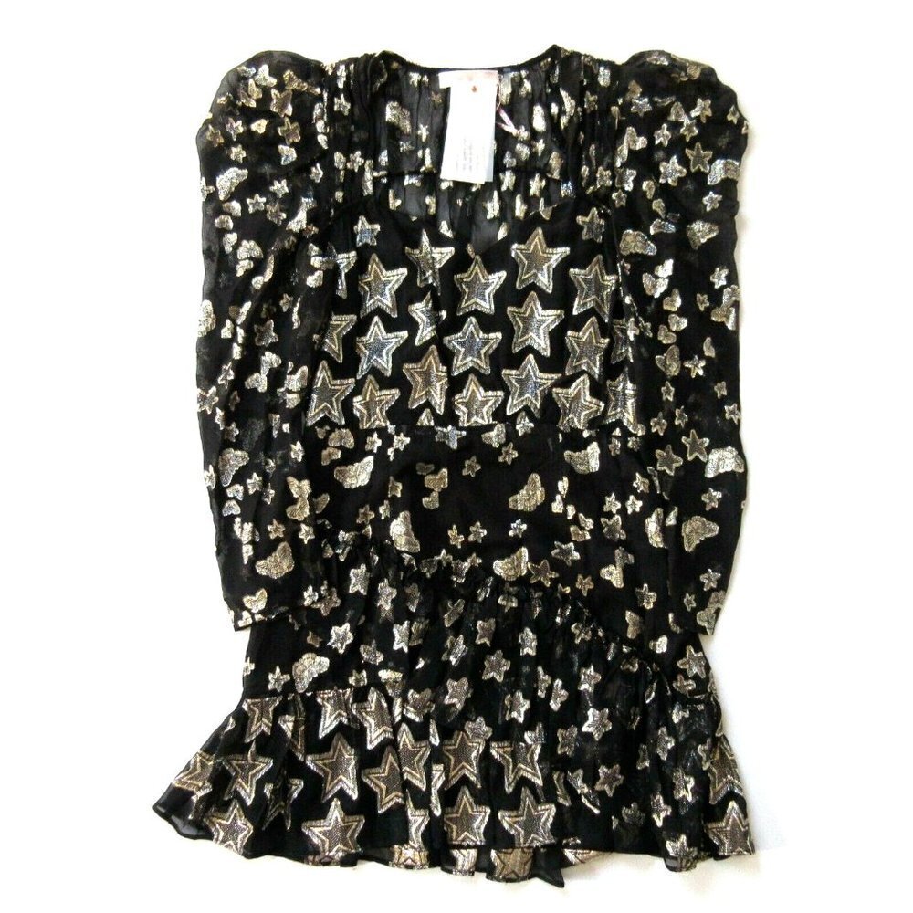 NWT LoveShackFancy Caden in Black Metallic Star Silk Puff-Sleeve Mini Dress 8